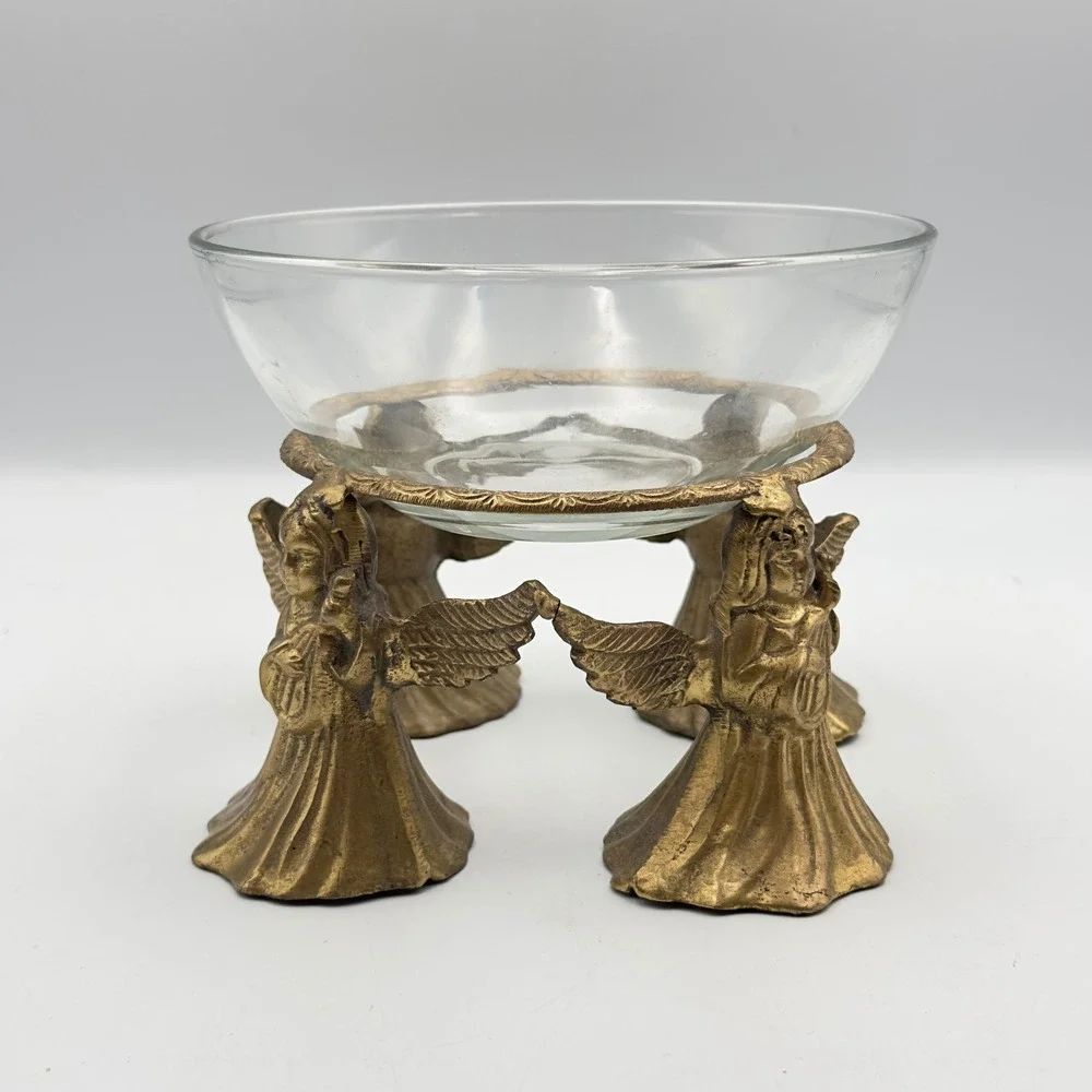Vintage Brass Cherub Angel Pedestal Centerpiece Stand with Glass Bowl‎